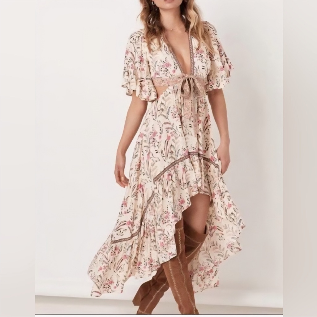 Spell Maisie Bambi Cream And Pink Floral Maxi Gown Dress